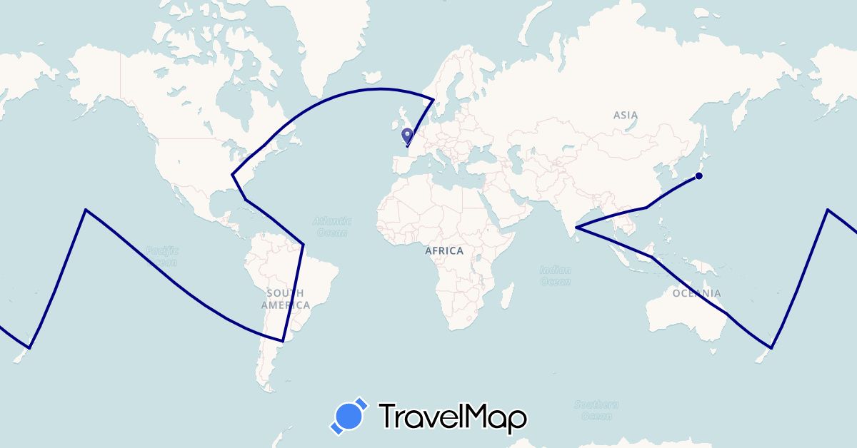 TravelMap itinerary: driving in Argentina, Australia, Canada, France, French Guiana, Hong Kong, Indonesia, India, Japan, Norway, New Zealand, United States (Asia, Europe, North America, Oceania, South America)